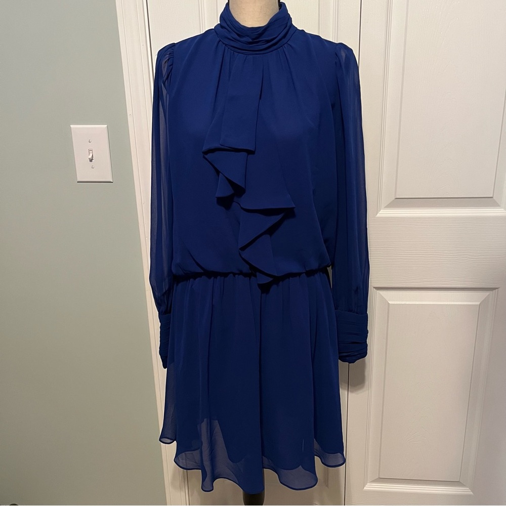 Adrianna Papell Womens SZ 10 Iris Blue Solid Disco Dress Long Sleeve Chiffon NEW